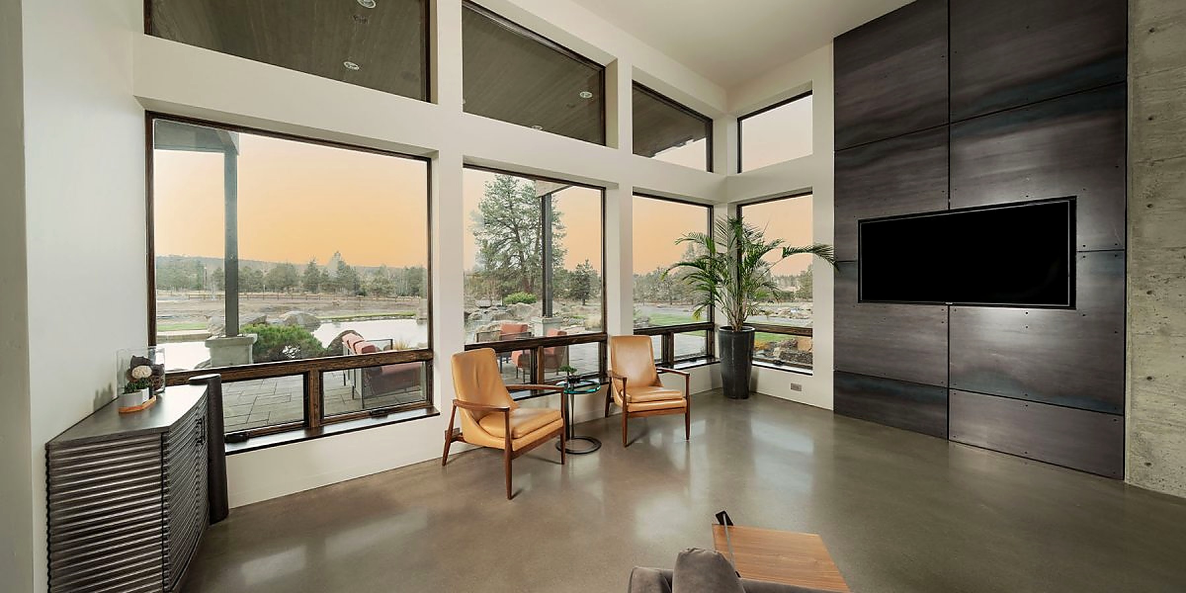Custom home living room with mountain views