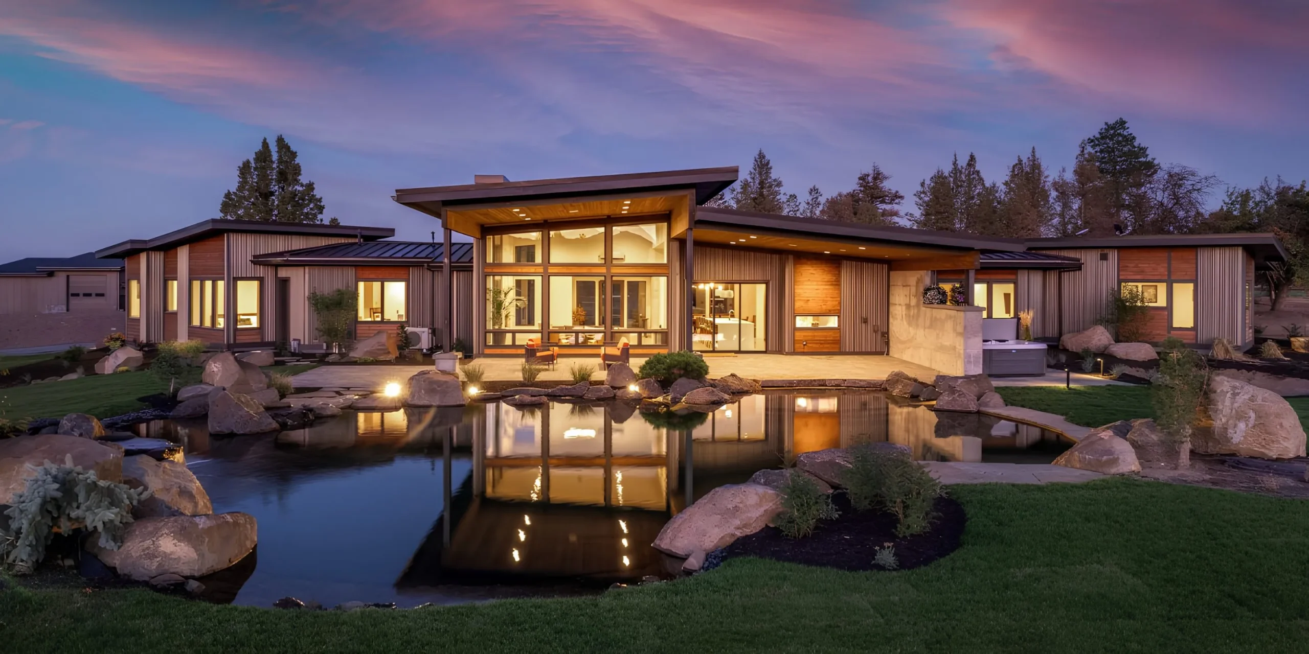 Modern custom home in Central Oregon at twilight